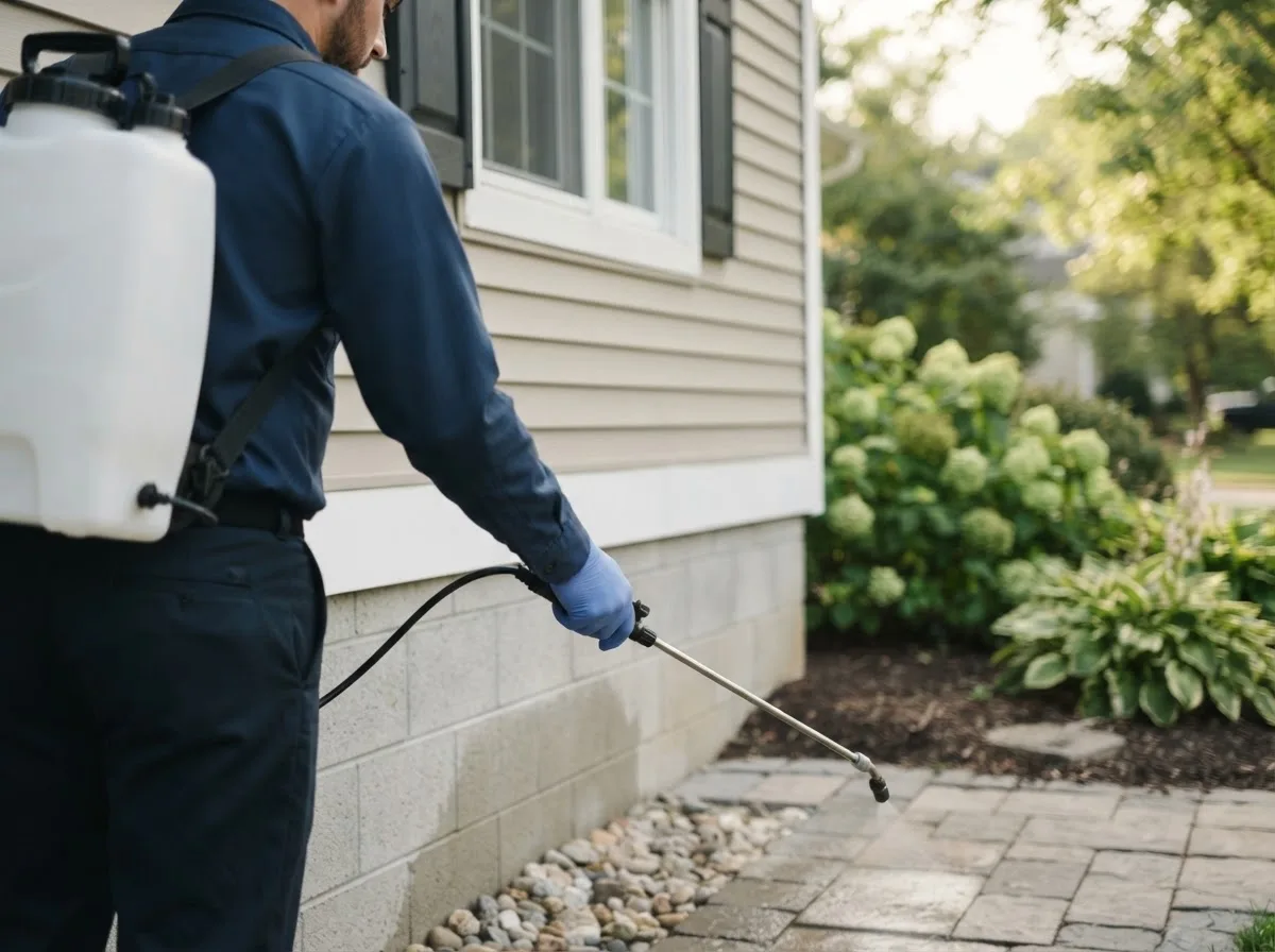Pest control technician inspecting a home in Asherton, TX